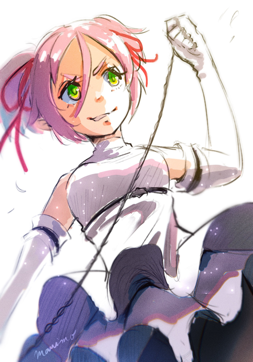 1girl, bare_shoulders, culottes, dress, elbow_gloves, gloves, hair_ribbon, highres