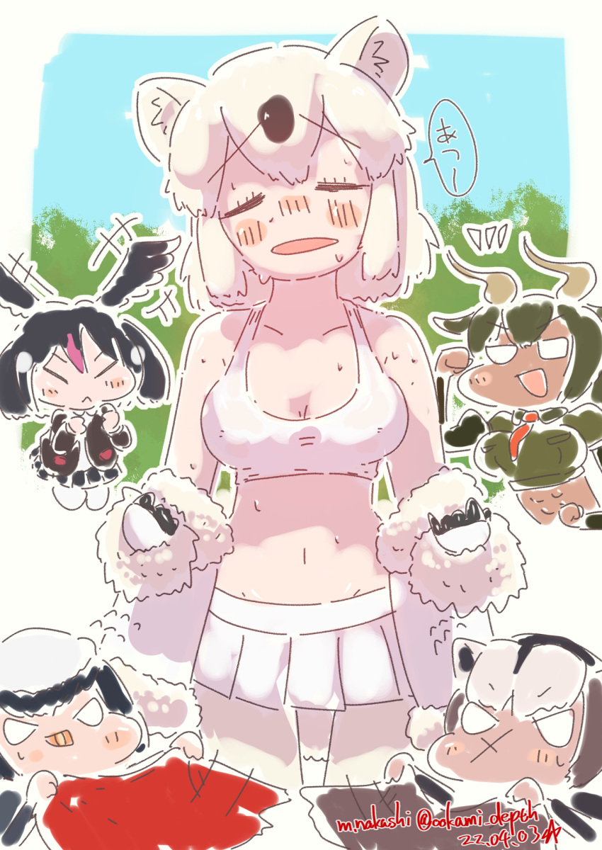 5girls, abs, animal_ears, aurochs_(kemono_friends), badger_ears, bandaid, bandaid_on_face, bandaid_on_nose