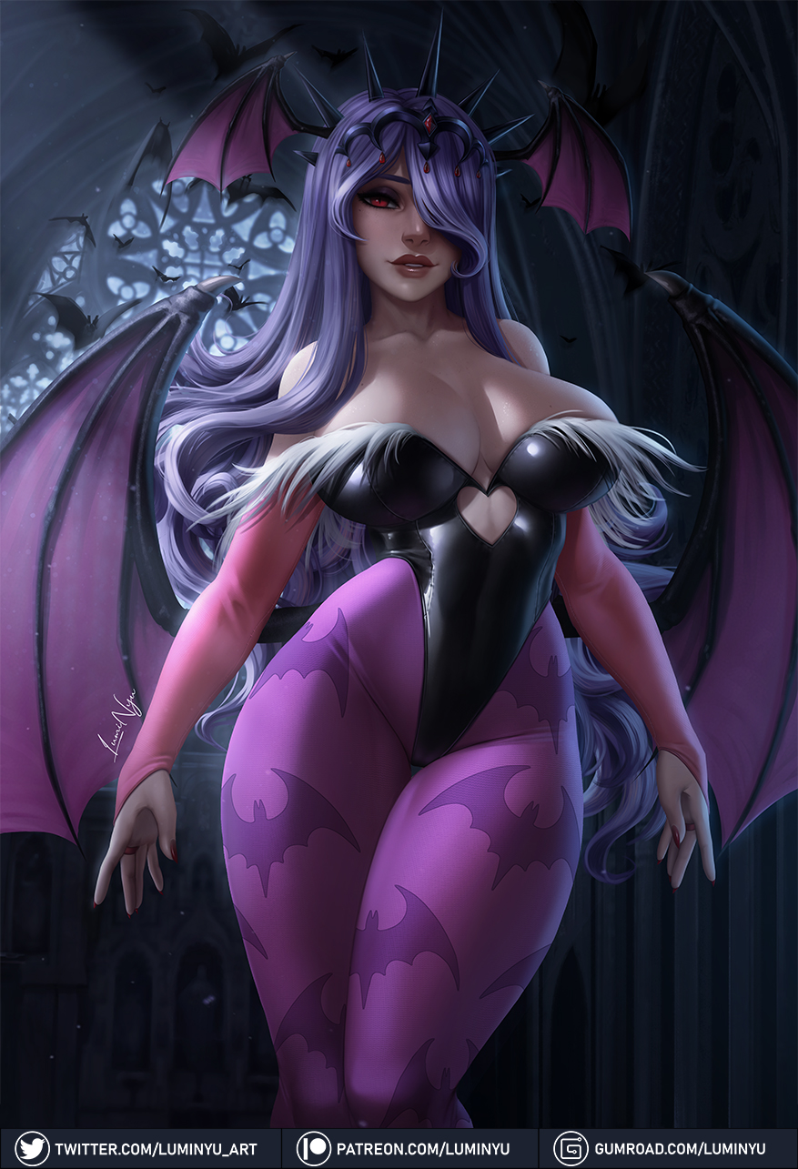 1girl, animal_print, arms_at_sides, bare_shoulders, bat, bat_wings, black_legwear, breasts, bridal_gauntlets, camilla_(fire_emblem), cat_print, clothing_cutout, collarbone, commentary, cosplay, curly_hair, elbow_gloves, english_commentary, fire_emblem, fire_emblem_fates, gloves, gumroad_logo, gumroad_username, hair_ornament, hair_over_one_eye, head_wings, heart_cutout, highleg, highleg_leotard, highres, indoors, large_breasts, legs_together, leotard, lips, long_hair, looking_at_viewer, luminyu, mole, mole_on_breast, morrigan_aensland, morrigan_aensland_(cosplay), nail_polish, panties, pantyhose, parted_lips, patreon_logo, patreon_username, print_legwear, purple_gloves, purple_hair, purple_leotard, purple_panties, purple_wings, red_eyes, red_nails, solo, standing, strapless, strapless_leotard, thigh-highs, thigh_gap, thighs, tiara, twitter_logo, twitter_username, underwear, web_address, wings