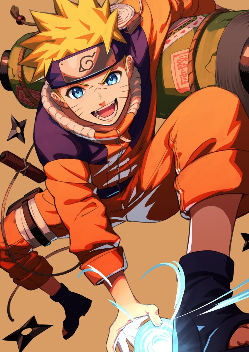 1boy, absurdres, airborne, black_footwear, blue_headband, brown_background, headband, highres