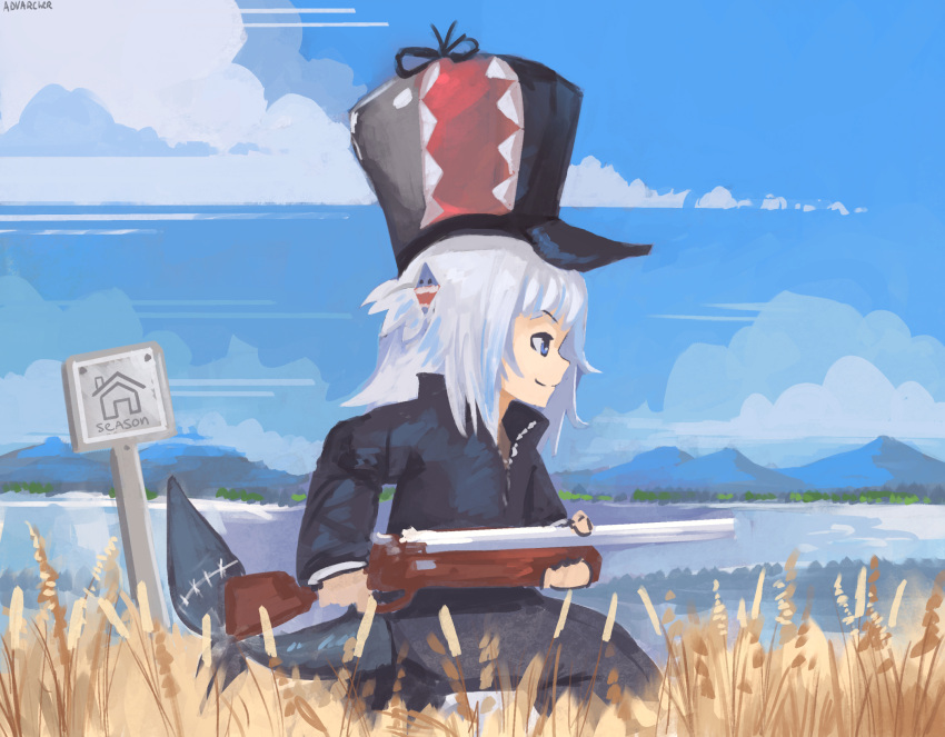 adapted_costume, alternate_costume, anonamos, bangs, blue_eyes, blue_hair, blue_headwear, blue_jacket, blue_sky, blunt_bangs, clouds, cloudy_sky, commentary, cosplay, double-barreled_shotgun, elmer_fudd, elmer_fudd_(cosplay), english_commentary, fish_tail, from_side, fur_hat, gawr_gura, grey_headwear, gun, hair_ornament, hat, highres, holding, holding_weapon, hololive, hololive_english, horizon, jacket, lake, long_sleeves, looney_tunes, mountainous_horizon, multicolored_hair, outdoors, painterly, parody, profile, red_headwear, shark_hair_ornament, shark_tail, shotgun, sign, signature, sky, smile, streaked_hair, tail, two_side_up, ushanka, virtual_youtuber, weapon, wheat_field