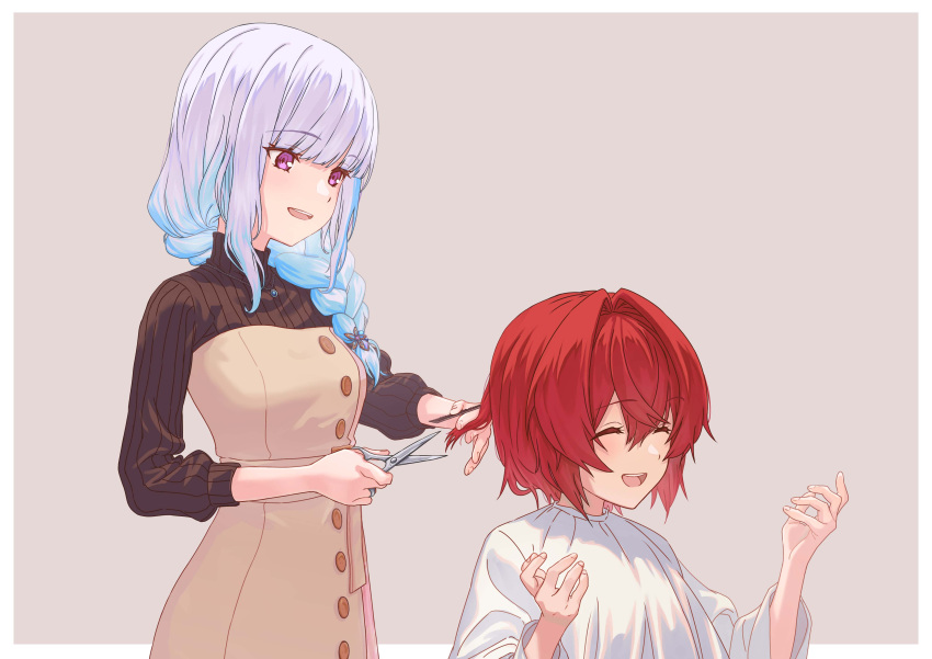 2girls, :d, absurdres, ange_katrina, asada7101, bangs, blue_hair, blunt_bangs, braid, brown_dress, brown_sweater, closed_eyes, cutting_hair, dress, eyebrows_visible_through_hair, hair_between_eyes, hair_over_shoulder, highres, holding, holding_hair, holding_scissors, jewelry, lize_helesta, long_hair, long_sleeves, looking_at_another, multiple_girls, necklace, nijisanji, redhead, scissors, shirt, short_hair, simple_background, single_braid, smile, sweater, twintails, violet_eyes, virtual_youtuber, white_hair, white_shirt