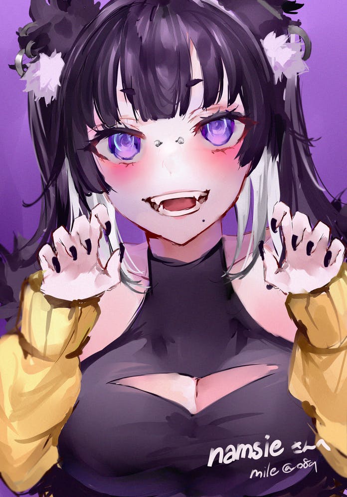 1girl, :d, animal_ears, bare_shoulders, bell_piercing, black_nails, blush, breasts, bridge_piercing, claw_pose, cleavage_cutout, clothing_cutout, commission, copyright_request, fangs, fingernails, indie_virtual_youtuber, jacket, large_breasts, long_hair, long_sleeves, looking_at_viewer, mile_(off8mile), multicolored_hair, nail_polish, open_mouth, purple_background, purple_hair, skeb_commission, smile, solo, triangle_cutout, twintails, two-tone_hair, upper_body, violet_eyes, white_hair, yellow_jacket