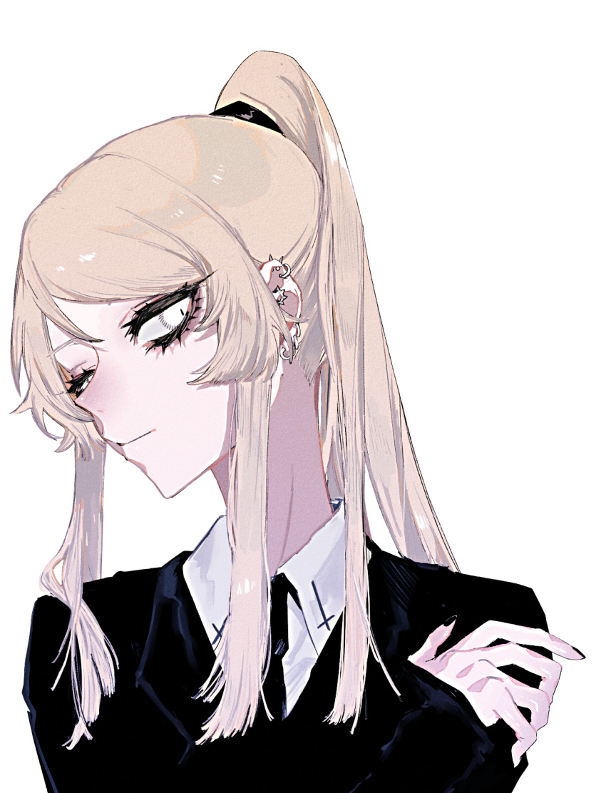 1girl, black_jacket, black_nails, black_necktie, blonde_hair, charlotte_van_halen, closed_mouth, collared_shirt, copyright_request, ear_piercing, earrings, eyelashes, fingernails, half-closed_eye, highres, indie_virtual_youtuber, jacket, jewelry, long_hair, looking_at_viewer, nail_polish, necktie, piercing, ponytail, second-party_source, shirt, solo, transparent_background, upper_body, white_eyes, wing_collar