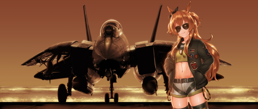 1girl, aircraft, airplane, animal_ears, bed, belt, black_belt, black_ribbon
