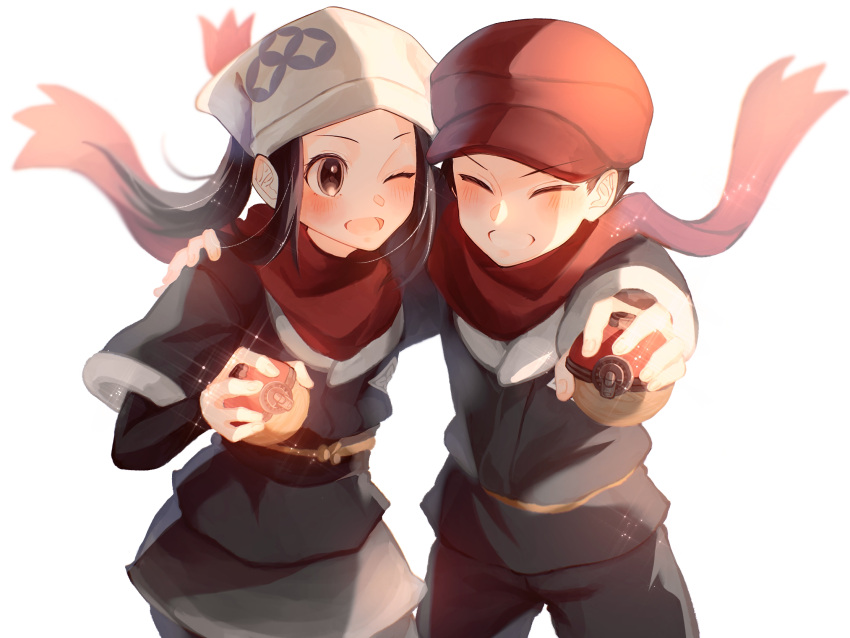 1boy, 1girl, :d, akari_(pokemon), arm_around_shoulder, black_hair, black_legwear, black_pants