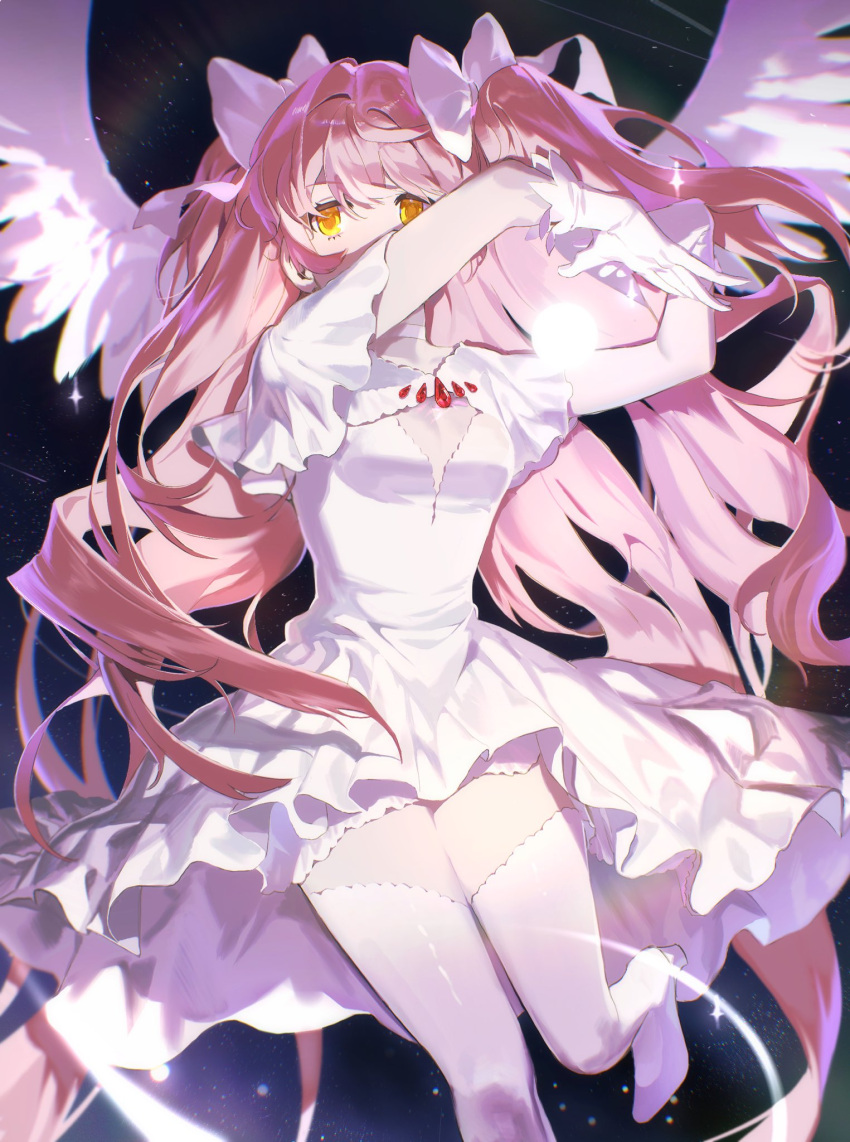 1girl, absurdly_long_hair, aimitkkays, dress, frills, gloves, goddess_madoka, hair_ribbon