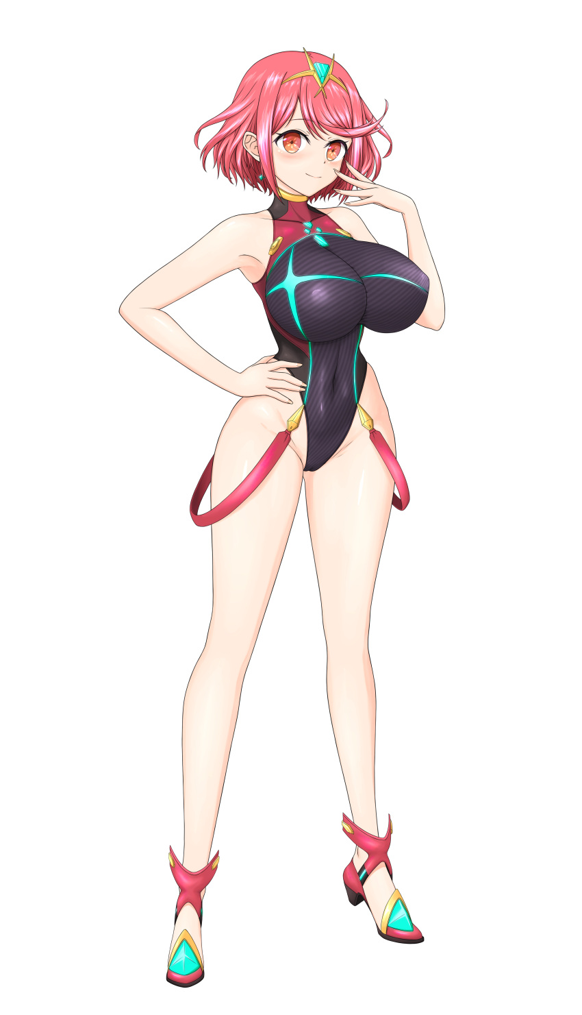 1girl, absurdres, bangs, black_swimsuit, breasts, chest_jewel, competition_swimsuit, covered_collarbone