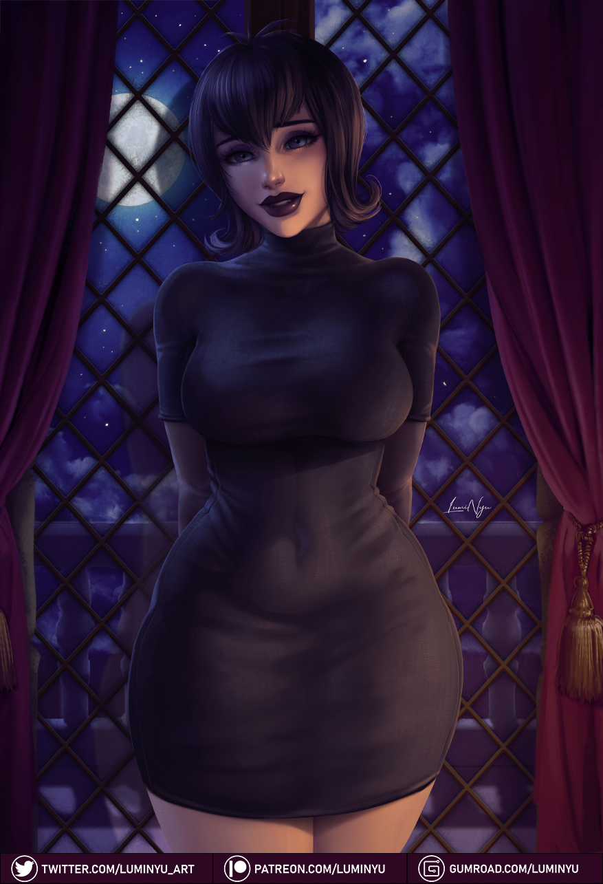 1girl, antenna_hair, arms_behind_back, black_hair, black_lips, black_sweater, blue_eyes, breasts