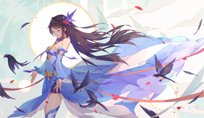 1girl, asymmetrical_legwear, bird, black_hair, blue_dress, closed_eyes, dress, hair_ornament