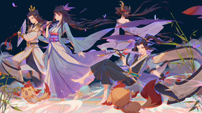 2boys, 2girls, animal, back, barefoot, black_sky, bug, butterfly