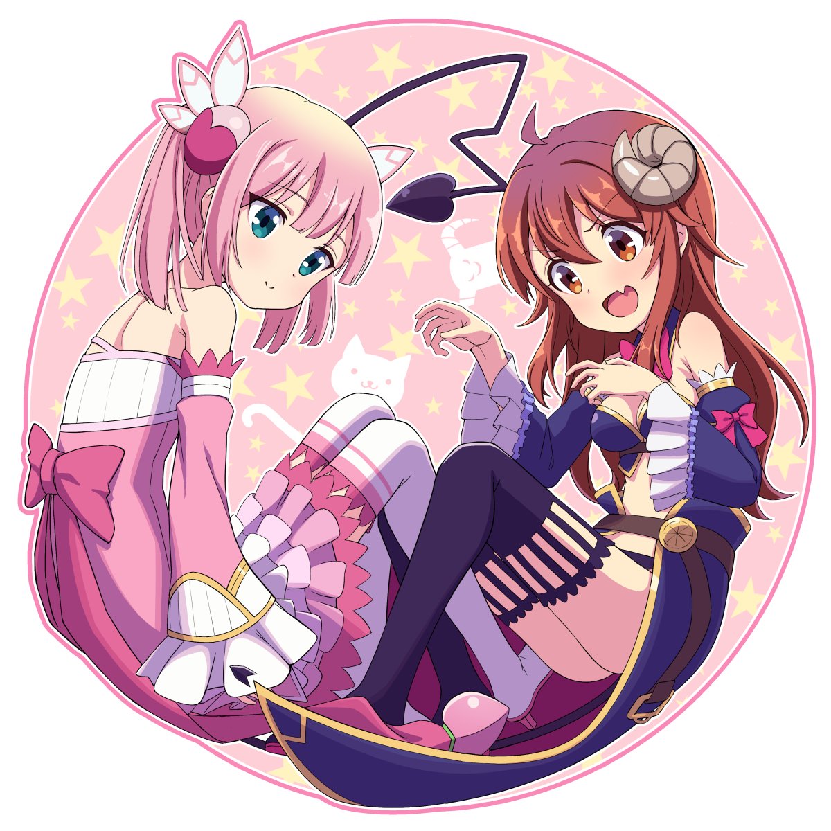 >:), 2girls, :d, ahoge, bare_shoulders, black_legwear, blue_eyes, bow