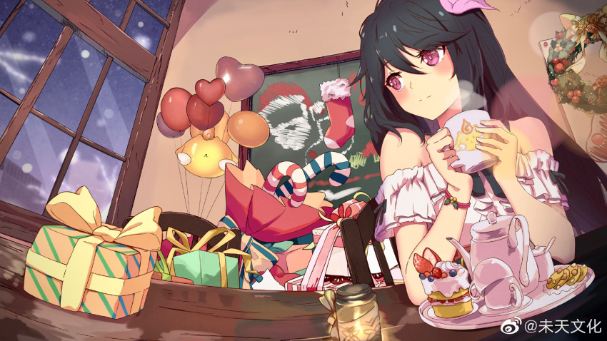 1girl, balloon, black_hair, christmas_stocking, cup, gift, highres, holding