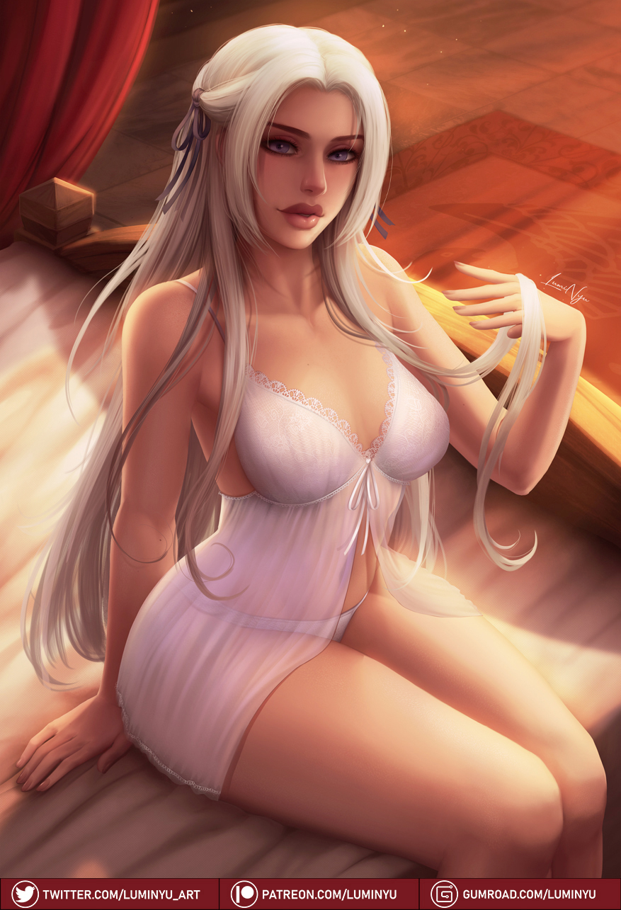 1girl, arm_support, babydoll, blue_eyes, blue_ribbon, breasts, commentary, curtains