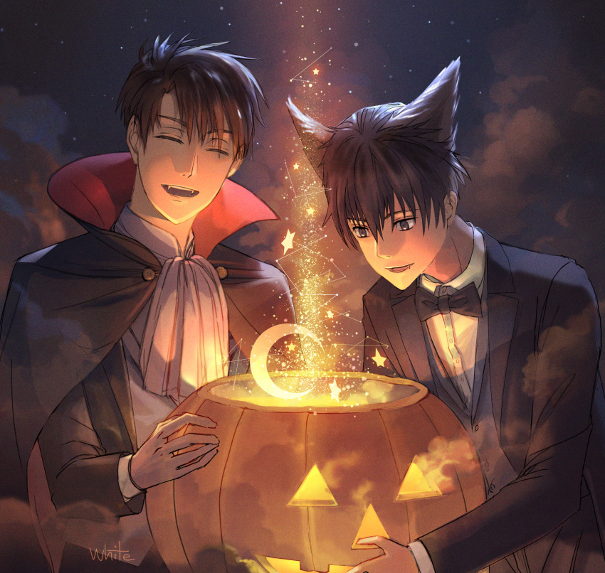 2boys, animal_ears, artist_name, ascot, black_bow, black_bowtie, black_cape, black_hair
