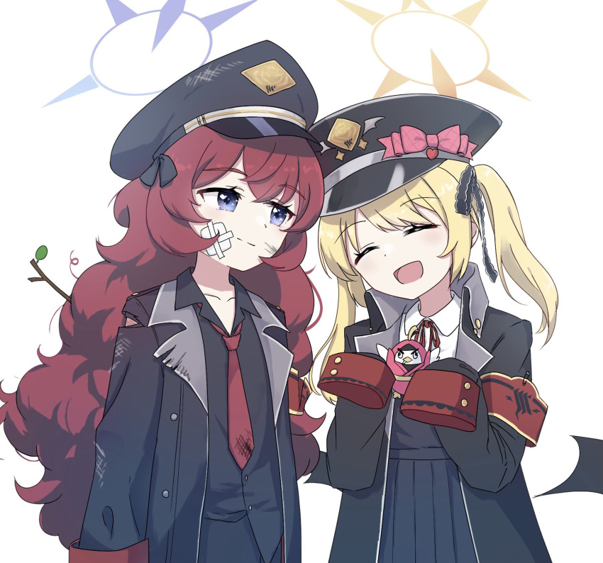 2girls, bandages, bangs, black_eyes, black_headwear, black_jacket, black_shirt, blonde_hair