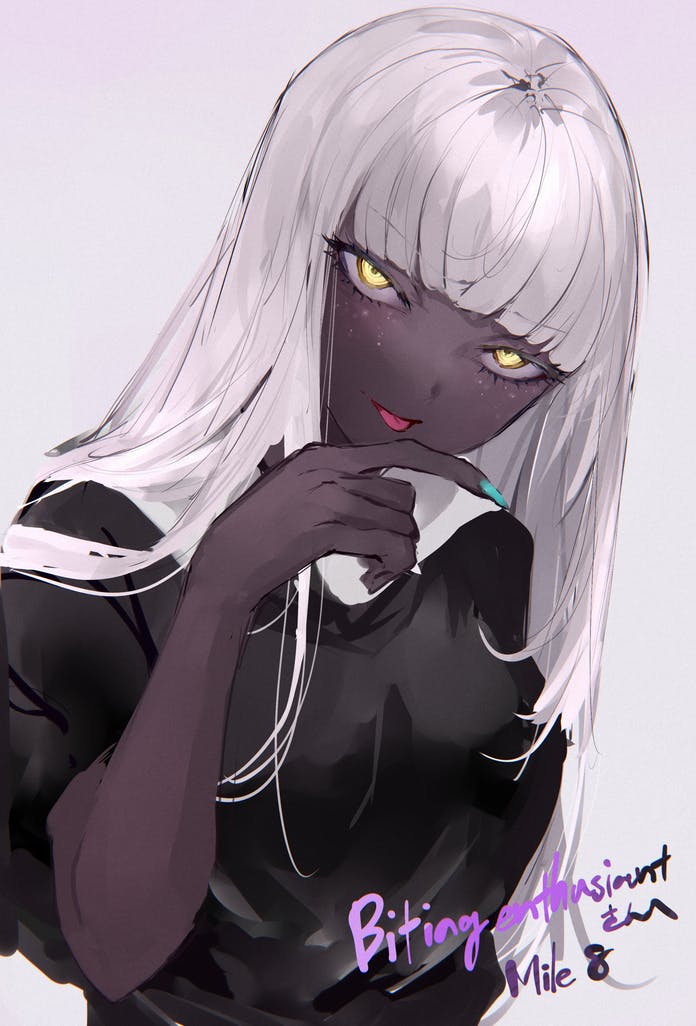 1girl, :p, bangs, black_shirt, blue_nails, blunt_bangs, commission, dark-skinned_female