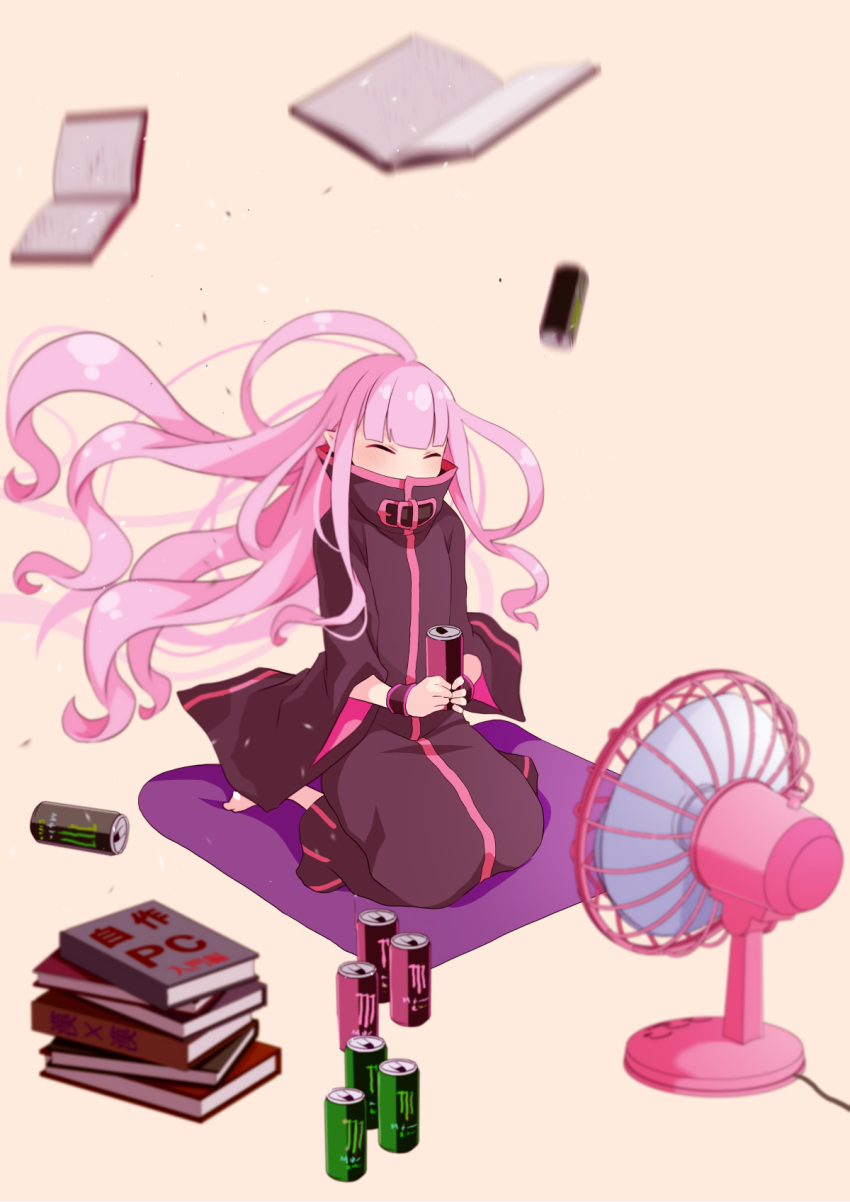 1girl, black_coat, book, can, closed_eyes, coat, floating_hair, full_body