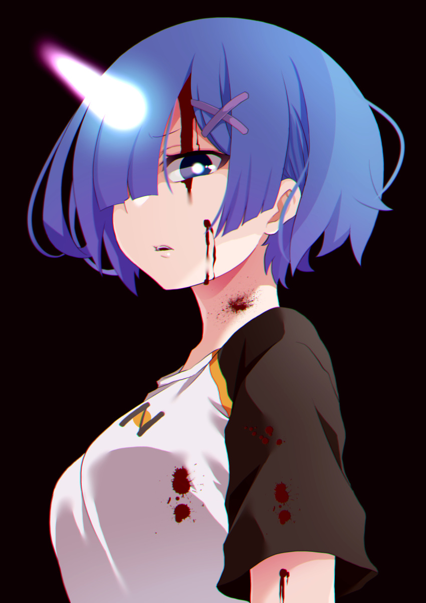 1girl, black_background, black_sleeves, blood, blood_on_clothes, blood_on_face, blue_eyes, blue_hair