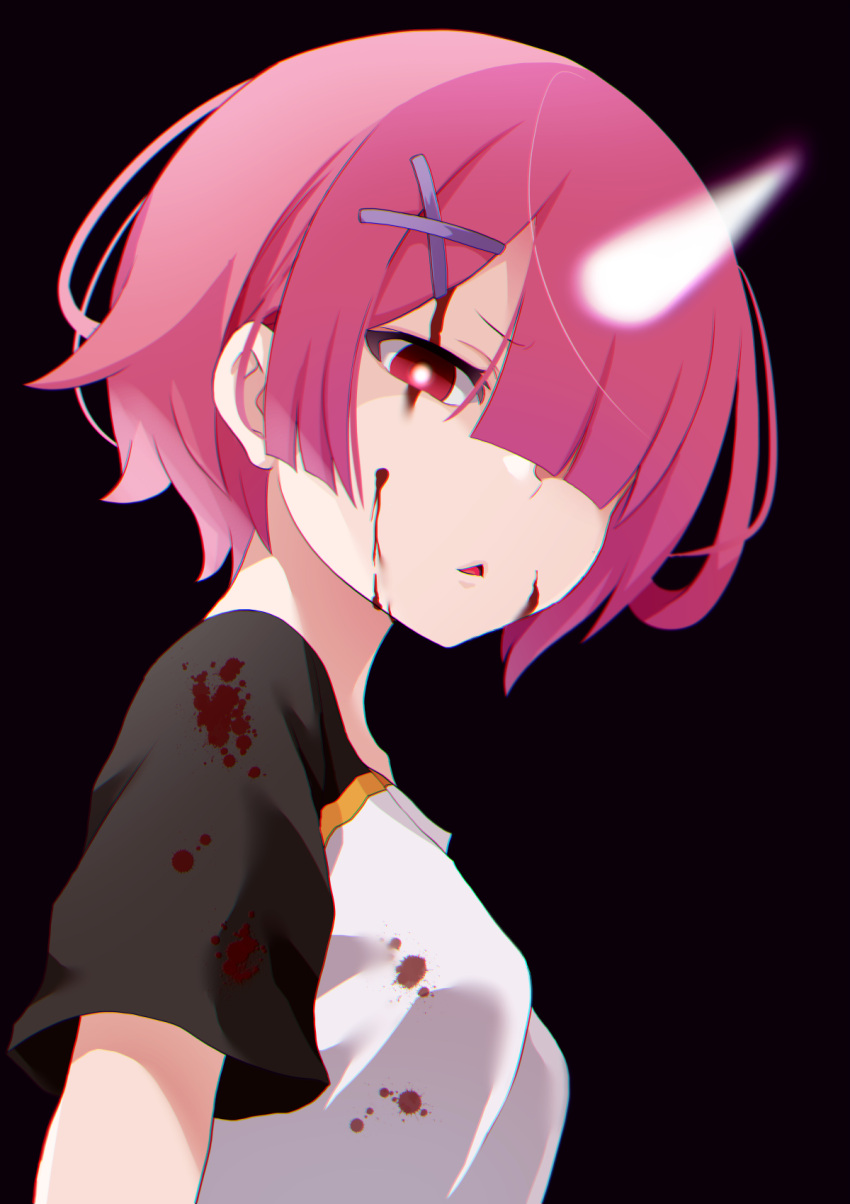 1girl, black_background, black_sleeves, blood, blood_on_clothes, blood_on_face, borrowed_garments, from_side, hair_ornament, hair_over_one_eye, highres, horns, open_mouth, pink_hair, ram_(re:zero), re:zero_kara_hajimeru_isekai_seikatsu, red_eyes, shirt, short_hair, short_sleeves, simple_background, single_horn, solo, triangle_mouth, upper_body, white_shirt, x_hair_ornament, yasehattagi
