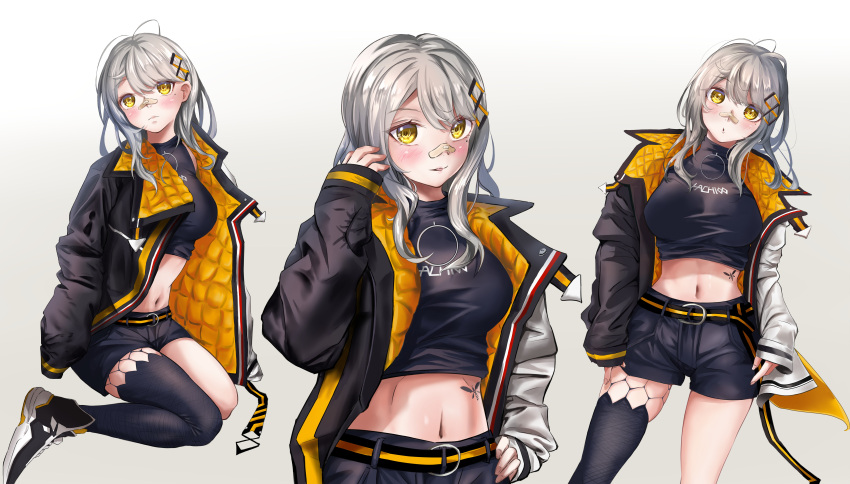 absurdres, asymmetrical_sleeves, bandaid, bandaid_on_face, bandaid_on_nose, bangs, black_coat, black_legwear