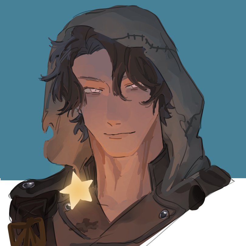 1boy, aqua_background, bad_id, bad_twitter_id, bbbb_fex, black_hair, eyebrows, hair_over_one_eye