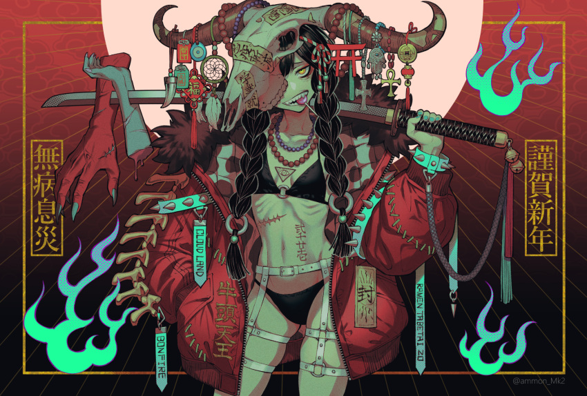1girl, animal_skull, ankh, bead_necklace, beads, bell, bikini, black_bikini