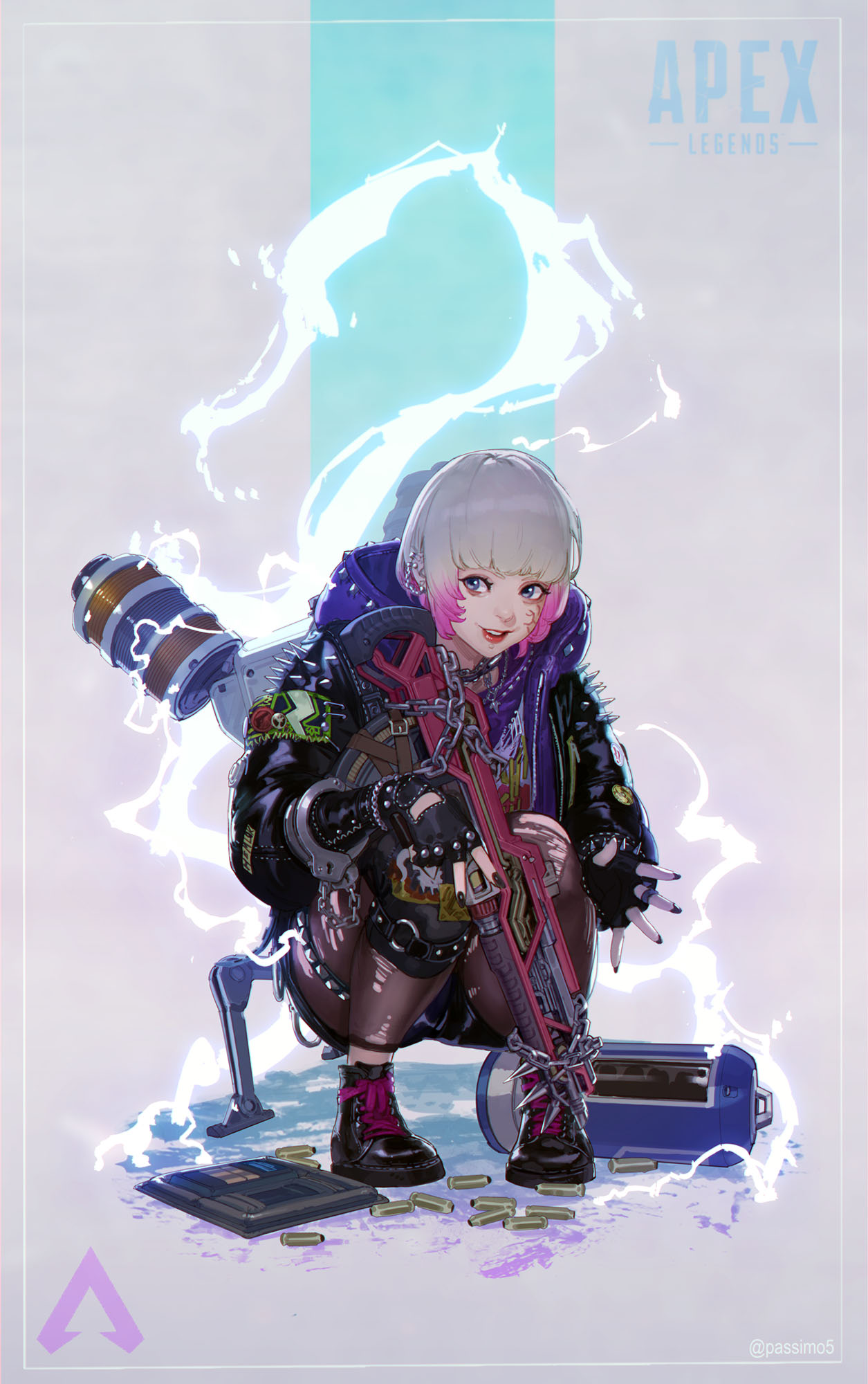 1girl, alternate_costume, apex_legends, assault_rifle, black_footwear, black_jacket, blue_eyes, boots, chain, ear_piercing, electricity, gradient_hair, grey_hair, gun, hair_behind_ear, highres, holding, holding_gun, holding_weapon, hood, hooded_jacket, jacket, multicolored_hair, open_mouth, passimo, piercing, pink_hair, rifle, scar, scar_on_cheek, scar_on_face, shell_casing, short_hair, smile, solo, squatting, vk-47_flatline, wattson_(apex_legends), weapon
