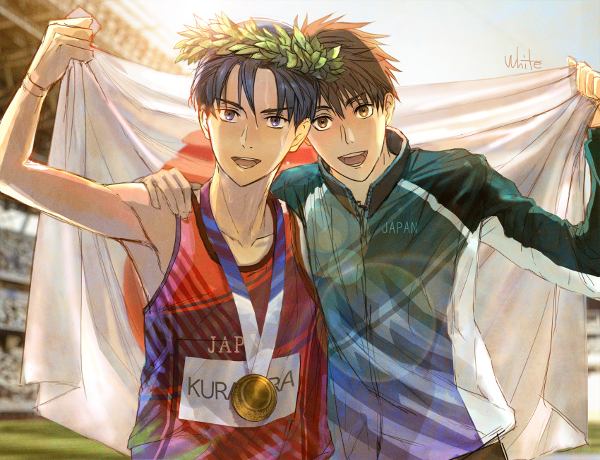 2boys, :d, arm_around_shoulder, black_hair, brown_eyes, brown_hair, day, green_jacket