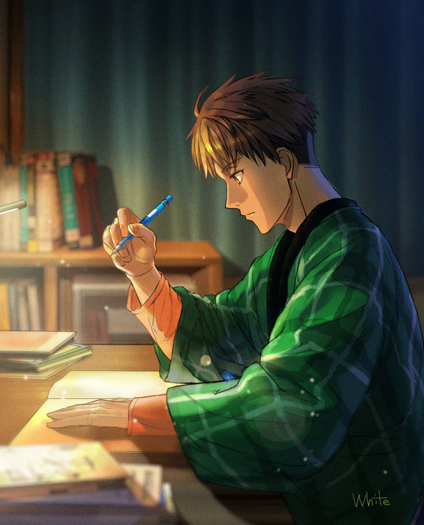 1boy, artist_name, blurry, blurry_background, book, book_stack, bookshelf, brown_eyes, brown_hair, desk_lamp, haiji_kiyose, highres, holding, holding_pen, indoors, kaze_ga_tsuyoku_fuiteiru, lamp, long_sleeves, male_focus, mechanical_pencil, pen, pencil, plaid, solo, studying, table, white50080909