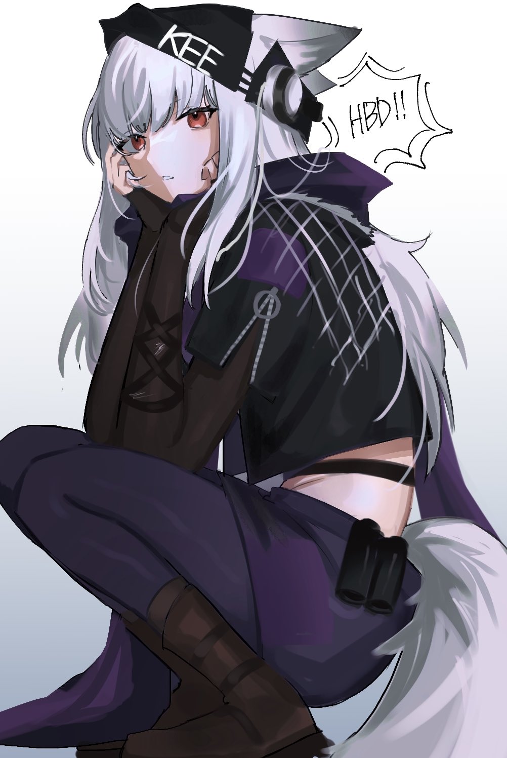 1girl, animal_ears, arknights, bangs, beanie, black_jacket, boots, cropped_jacket, ears_through_headwear, elbow_gloves, fingerless_gloves, fox_ears, fox_girl, fox_tail, from_side, frostleaf_(arknights), frostleaf_(break_the_ice)_(arknights), gloves, happy_birthday, hat, head_on_hand, highres, hood, hooded_jacket, inu_to_milk, jacket, long_hair, looking_at_viewer, midriff_peek, pantyhose, parted_lips, purple_legwear, purple_skirt, red_eyes, short_sleeves, sidelocks, skirt, solo, speech_bubble, squatting, tail, white_hair, zipper, zipper_pull_tab