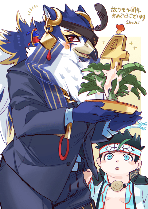 2boys, 5_(1boshi), ainu_clothes, artist_name, beak, bird_boy, black_feathers, black_hair