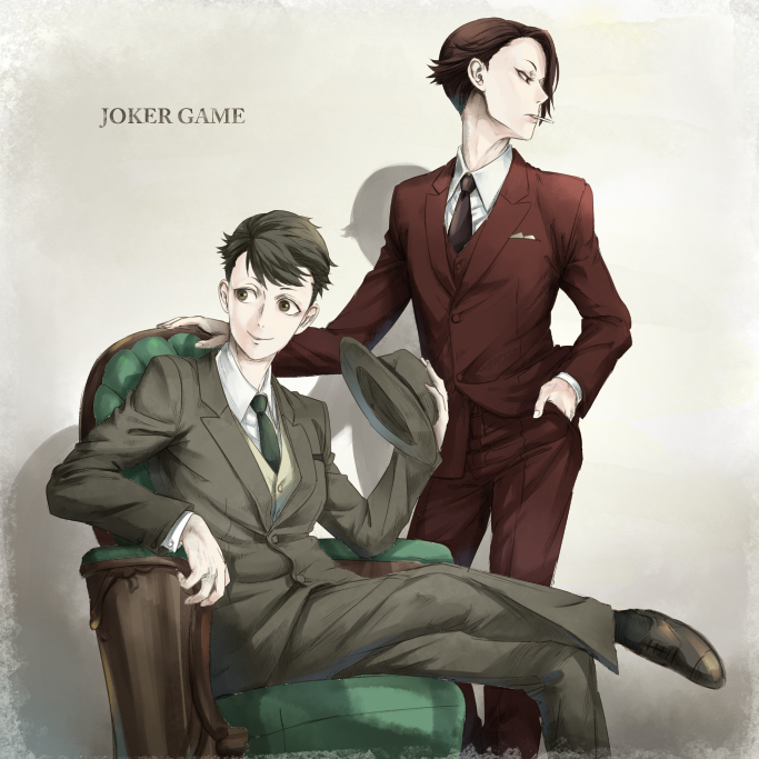 1000dragon, 2boys, black_footwear, black_hair, black_necktie, brown_eyes, brown_suit, chair