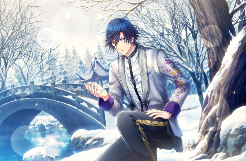 1boy, architecture, bare_tree, black_pants, blue_eyes, blue_hair, bridge, dragon_print, dutch_angle, earrings, east_asian_architecture, embroidery, feet_out_of_frame, flower_knot, game_cg, grey_jacket, hair_between_eyes, hand_on_own_thigh, highres, ichinose_tokiya, jacket, jewelry, lens_flare, light_particles, long_sleeves, looking_at_hand, looking_down, male_focus, official_art, one_knee, outdoors, pants, parted_lips, rock, shirt, short_hair, single_earring, snow, snow_in_hand, snowflake_print, solo, striped, striped_shirt, tassel, tassel_earrings, third-party_source, tree, uta_no_prince-sama, uta_no_prince-sama:_shining_live, water, white_shirt, winter