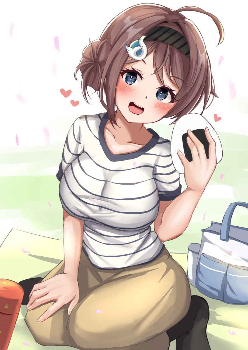 1girl, absurdres, braid, breasts, brown_hair, chougei_(kancolle), food, grey_eyes, grey_headband, hair_ornament, hair_rings, hairclip, headband, heart, highres, holding, holding_food, kantai_collection, large_breasts, long_hair, long_skirt, official_alternate_costume, onigiri, sakura_ab, shirt, short_sleeves, skirt, solo, striped, striped_headband, striped_shirt, twin_braids, whale_hair_ornament, white_shirt, yellow_skirt