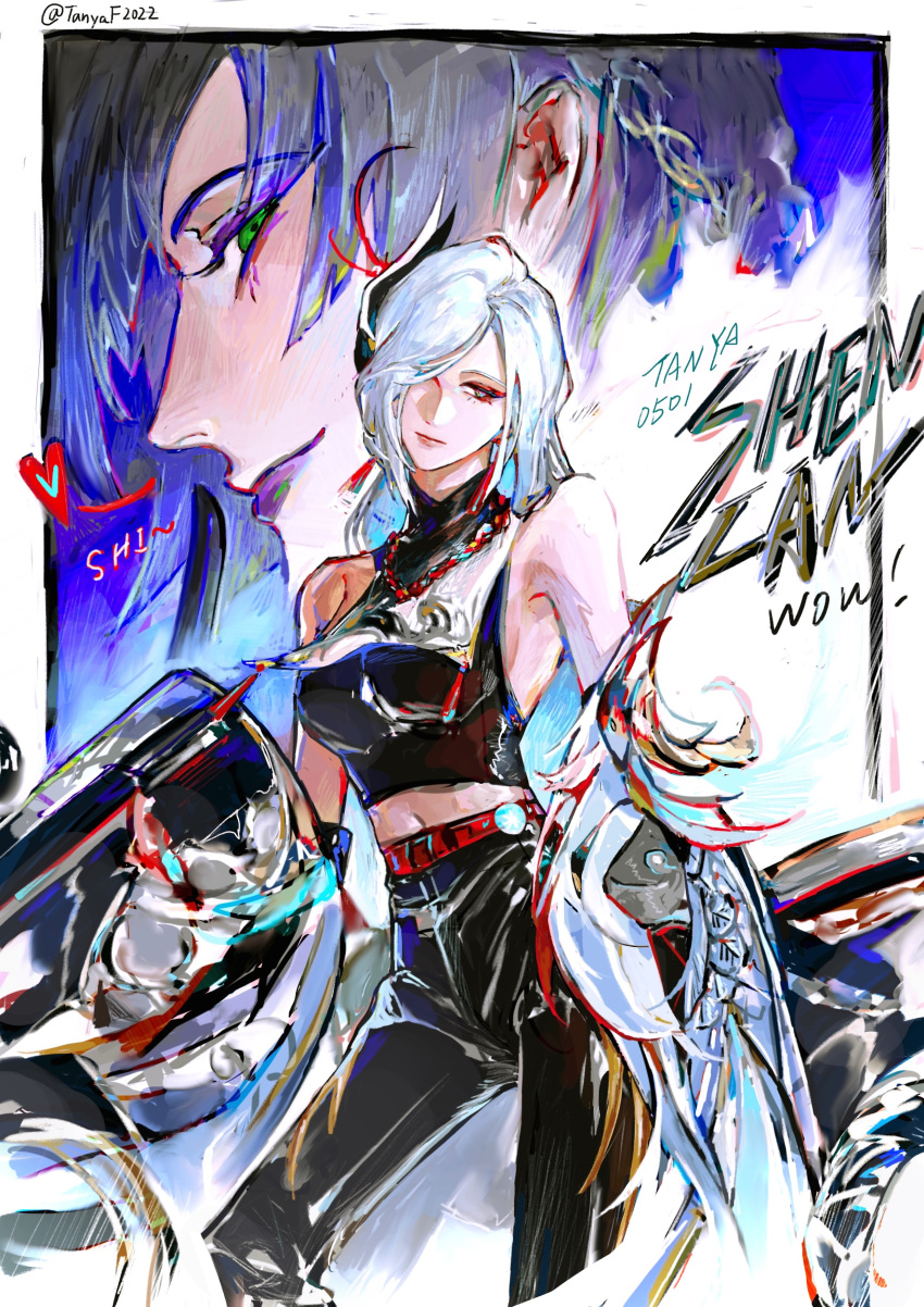 2girls, absurdres, alternate_costume, bare_shoulders, belt, black_pants, black_shirt, blue_eyes, breast_curtain, commentary, contemporary, crop_top, detached_sleeves, english_commentary, engrish_commentary, eyeshadow, feet_out_of_frame, genshin_impact, green_eyes, ground_vehicle, hair_ornament, hair_over_one_eye, heart, highres, leather, leather_pants, long_hair, looking_to_the_side, makeup, motor_vehicle, motorcycle, multiple_girls, navel, one_eye_covered, pants, pouch, purple_lips, red_belt, red_eyeshadow, shenhe_(genshin_impact), shirt, signature, smile, standing, tanyaf2022, twitter_username, white_hair, yelan_(genshin_impact)