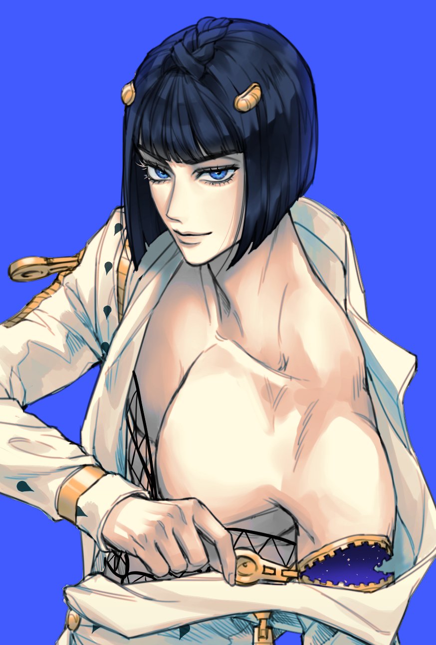 1boy, bangs, black_hair, blunt_bangs, bob_cut, bruno_buccellati, fishnet_top, fishnets