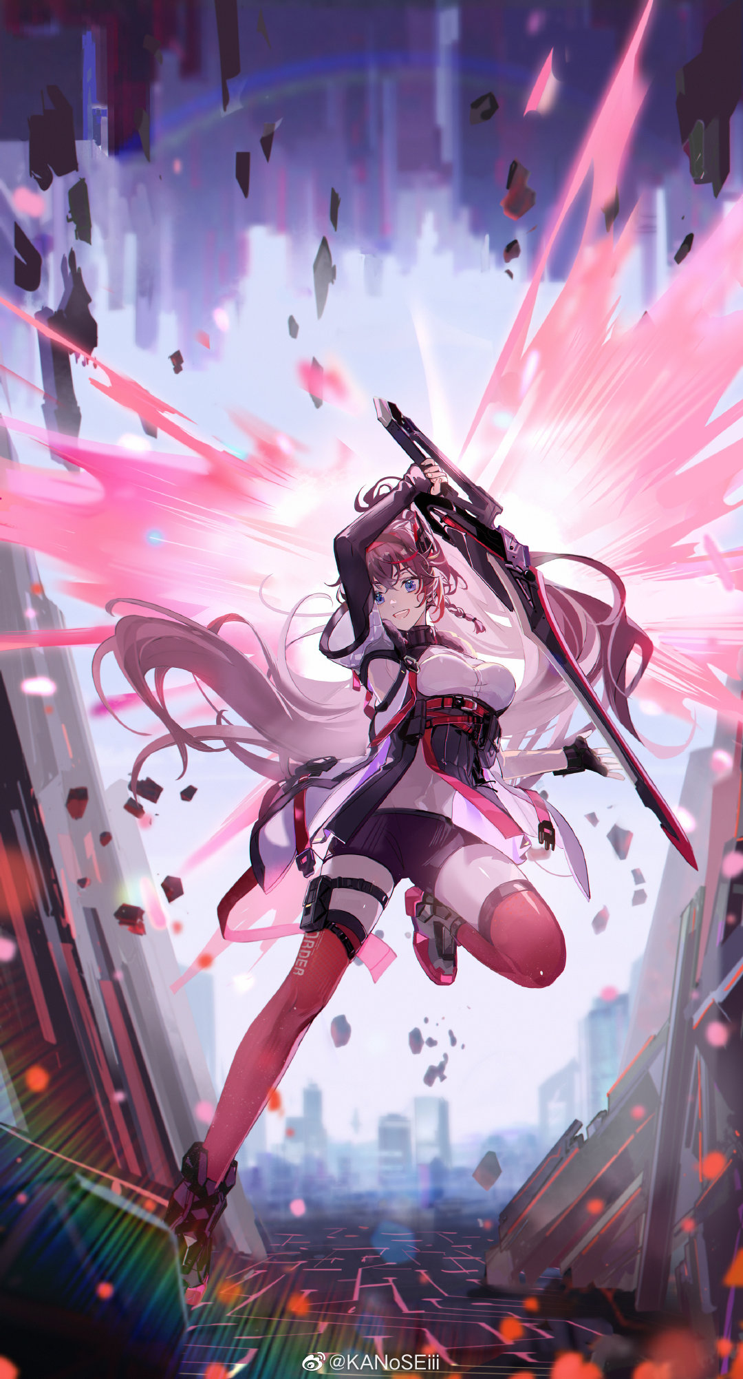 1girl, aether_gazer, armpits, artist_name, bangs, black_gloves, blue_eyes, braid, breasts, brown_hair, building, chinese_commentary, elbow_gloves, eyebrows_visible_through_hair, fingerless_gloves, full_body, gloves, hair_between_eyes, hair_ornament, highres, holding, holding_sword, holding_weapon, kanose, large_breasts, light_rays, long_hair, midriff, navel, open_mouth, ruins, shoes, short_sleeves, shorts, smile, sneakers, solo, strap, sword, thigh-highs, thigh_pouch, thighs, verthandi_(aether_gazer), very_long_hair, weapon