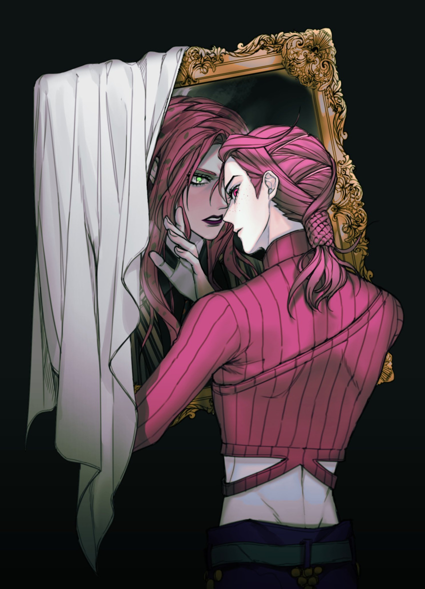 2boys, cloak, crop_top, diavolo, freckles, glowing, glowing_eyes, green_eyes