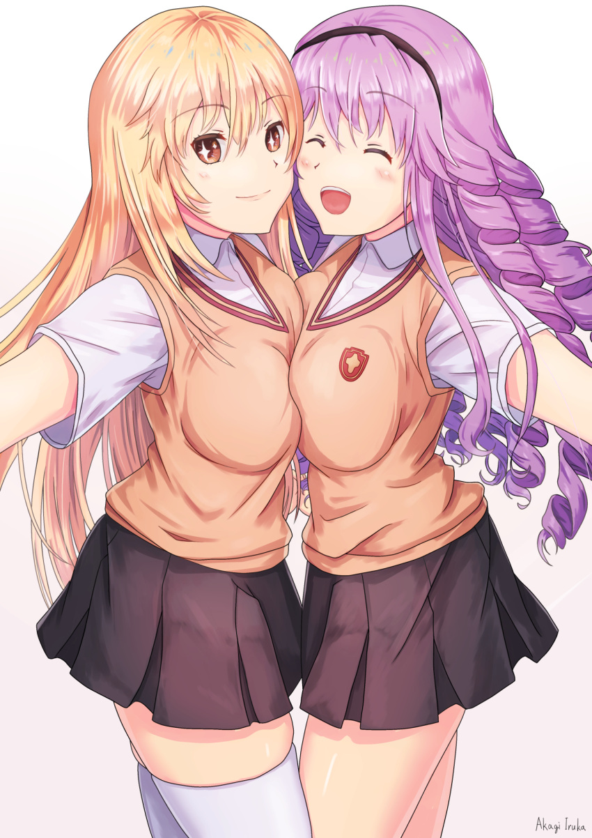 1girl, 2girls, =d, akagi_iruka, artist_name, astral_buddy, black_skirt, blonde_hair