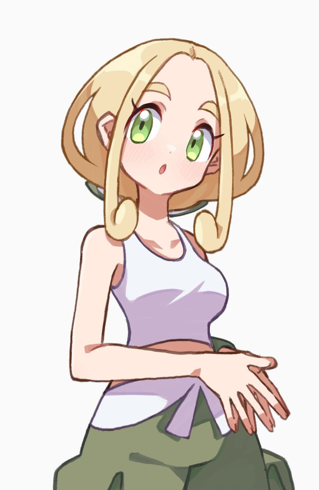 1girl, :o, belt, blonde_hair, blush, breasts, commentary_request, eyelashes