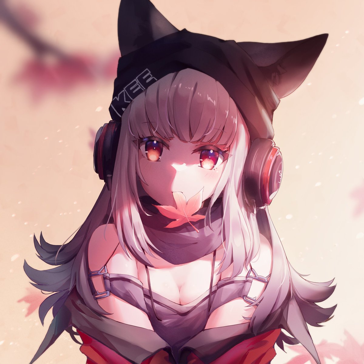1girl, animal_ears, arknights, backlighting, bangs, beanie, blurry, blurry_background, branch, breasts, coat, commentary_request, detached_collar, detached_sleeves, ears_through_headwear, eyebrows_visible_through_hair, fox_ears, fox_girl, frostleaf_(arknights), gradient, gradient_background, grey_shirt, happy_birthday, hat, head_tilt, headphones, highres, hisaya_kii, in_mouth, leaf, light_blush, light_particles, long_hair, looking_at_viewer, maple_leaf, off-shoulder_shirt, off_shoulder, red_coat, red_eyes, shade, shirt, sidelocks, solo, upper_body, white_hair