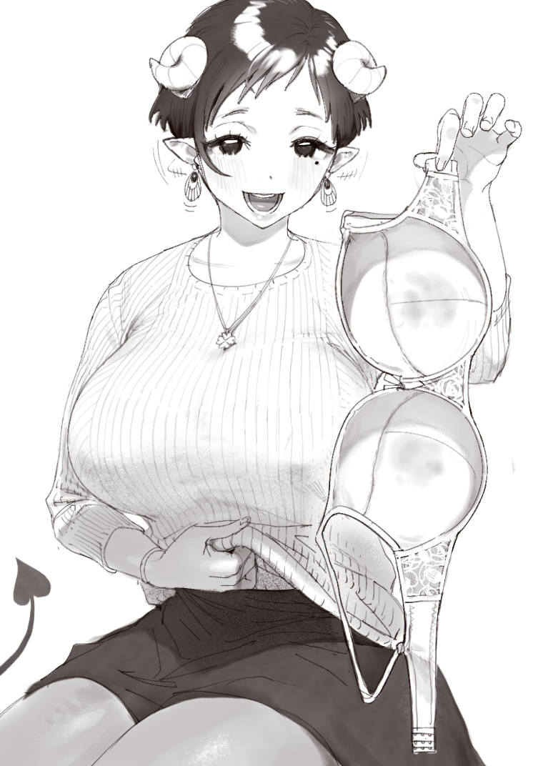 1girl, bra, bra_removed, bracelet, breasts, collarbone, conto, curled_horns