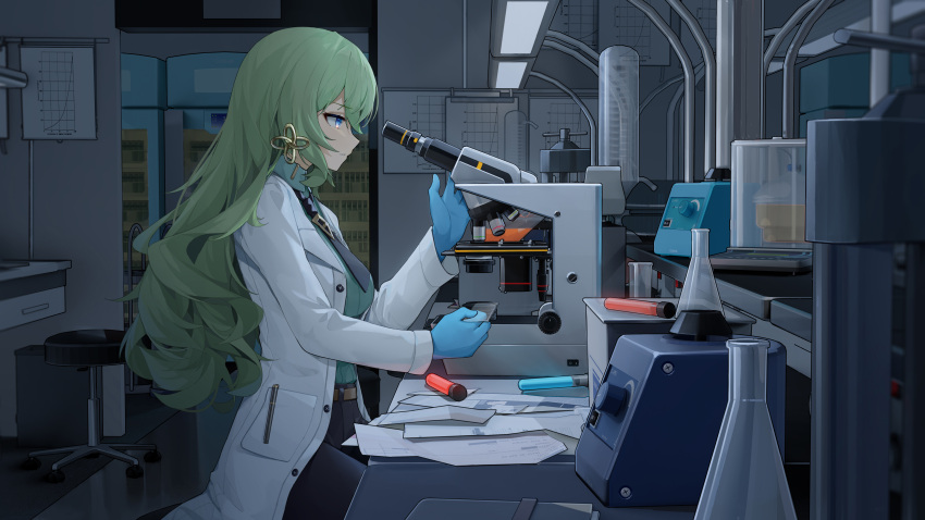 1girl, absurdres, bangs, black_necktie, black_skirt, blue_gloves, chair, closed_mouth