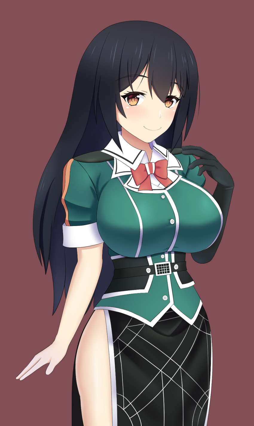 black_gloves, black_hair, black_skirt, bow, bowtie, breasts, brown_background, brown_eyes