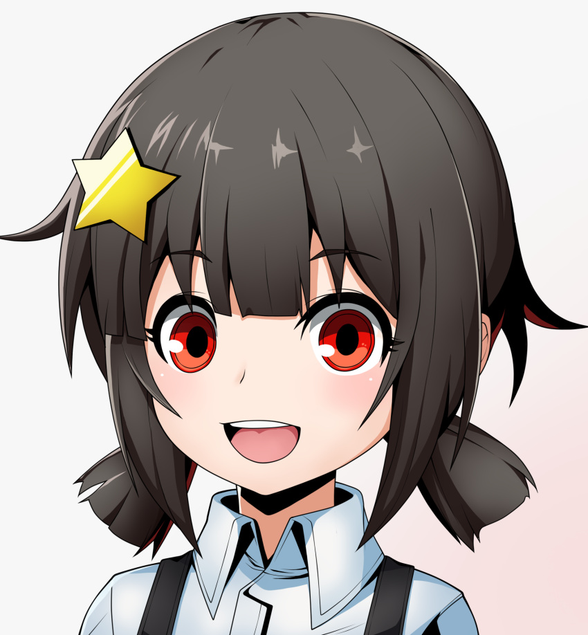 1girl, black_hair, eremiya_(loleremiya), hair_ornament, hairclip, happy, highres, komekko, kono_subarashii_sekai_ni_shukufuku_wo!, low_twintails, open_mouth, portrait, red_eyes, shirt, short_hair, short_twintails, smile, solo, star_(symbol), star_hair_ornament, suspenders, twintails, white_shirt