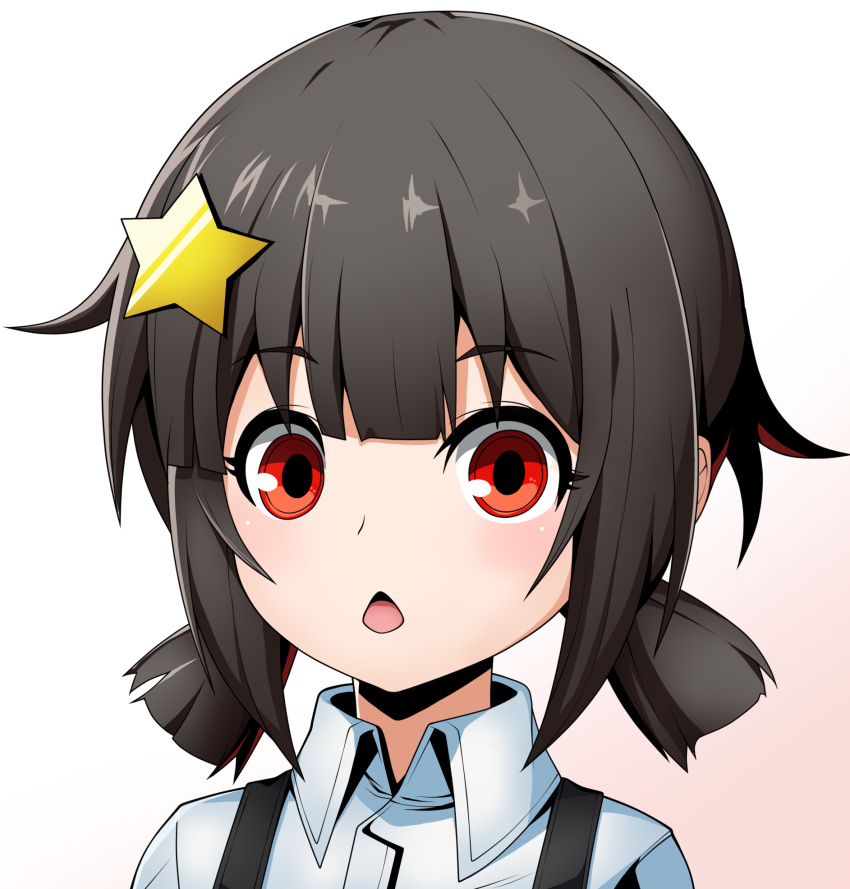 1girl, black_hair, eremiya_(loleremiya), hair_ornament, hairclip, highres, komekko, kono_subarashii_sekai_ni_shukufuku_wo!, low_twintails, open_mouth, portrait, red_eyes, shirt, short_hair, short_twintails, solo, star_(symbol), star_hair_ornament, suspenders, twintails, white_shirt