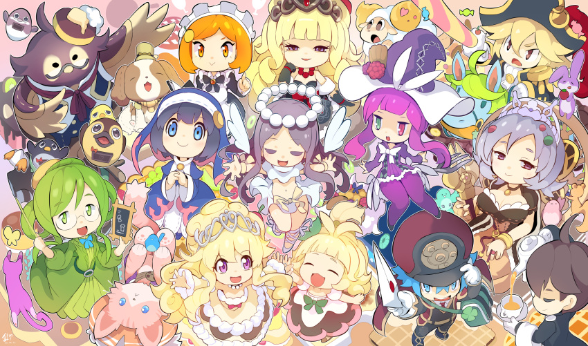 3boys, 6+girls, :3, :d, adjusting_clothes, adjusting_headwear, ahoge, angel