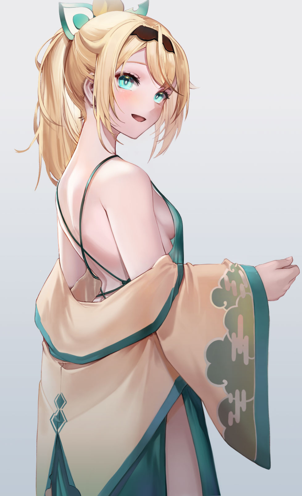 1girl, :d, aqua_eyes, blonde_hair, bow, breasts, daika!!, grey_background