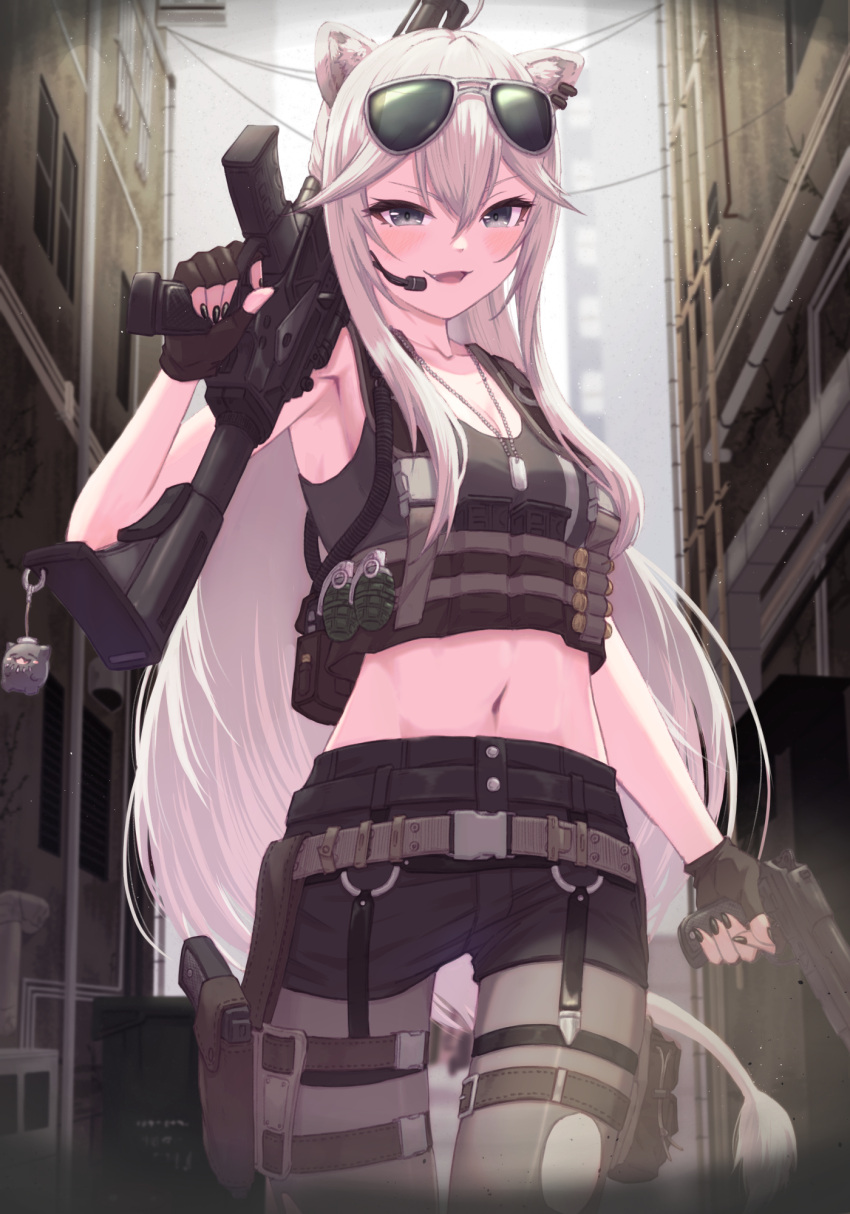 1girl, :d, alternate_costume, animal_ears, black_nails, bowsan, cowboy_shot, dog_tags